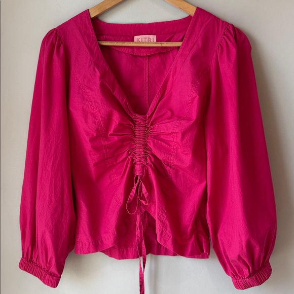 KITRI Ruched Cotton Blouse Top Fuchsia Pink - Picture 2 of 8